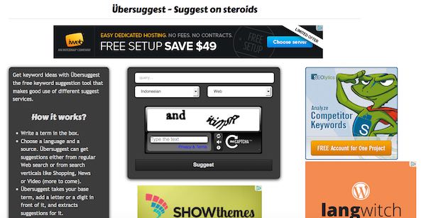 Mencari ide Keyword di Homepage Ubersuggest